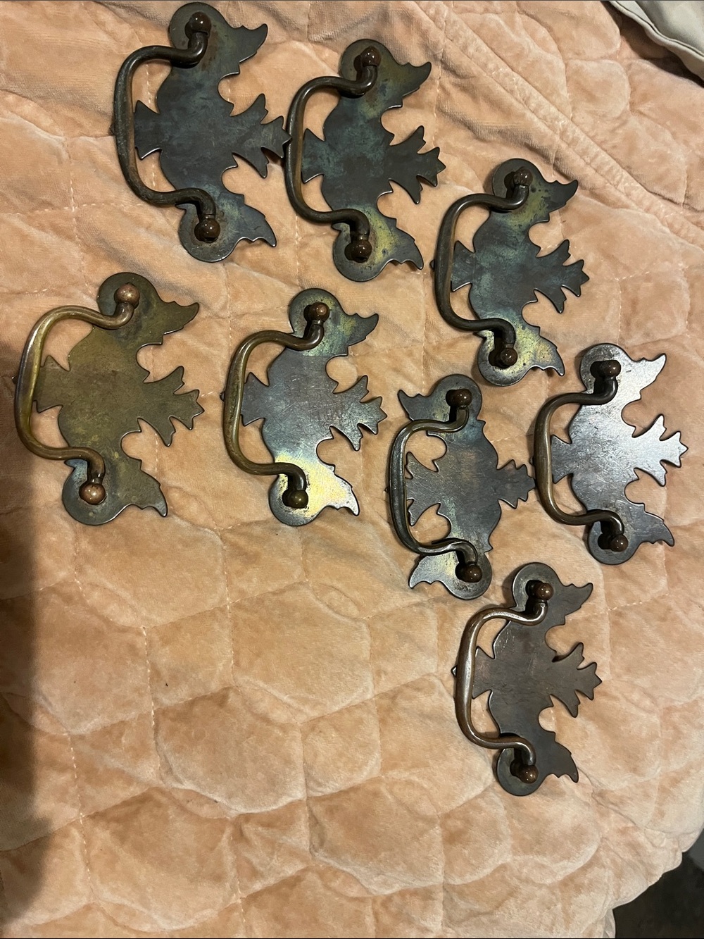 Vintage-Inspired Brass Leaf Pull Handles in Aged Patina - Set of 8.
